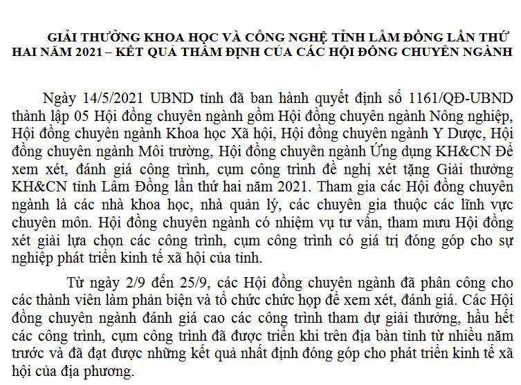 GIẢI THƯỞNG KHOA HỌC VÀ CÔNG NGHỆ TỈNH LÂM ĐỒNG LẦN THỨ HAI NĂM 2021 – KẾT QUẢ THẨM ĐỊNH CỦA CÁC HỘI ĐỒNG CHUYÊN NGÀNH