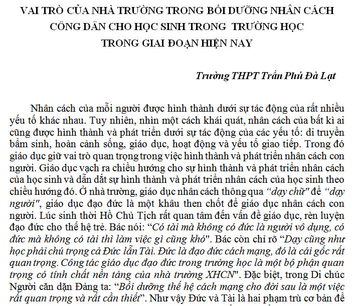 VAI TRÒ CỦA NHÀ TRƯỜNG TRONG BỒI DƯỠNG NHÂN CÁCH  CÔNG DÂN CHO HỌC SINH TRONG  TRƯỜNG HỌC  TRONG GIAI ĐOẠN HIỆN NAY